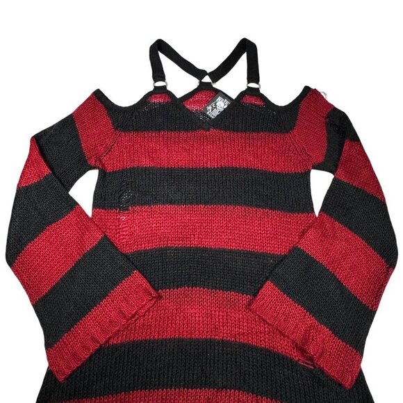 KILLSTAR Sweater Dress Sz.S  Red Black Knit Distressed Bell Sleeve Goth Punk - Picture 8 of 15